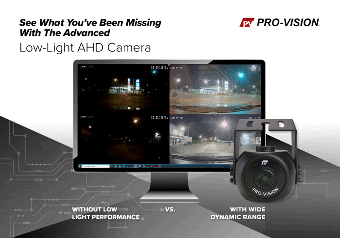 An analog high-definition (AHD) forward-face camera and computer monitor feature video footage of driving through an industrial complex